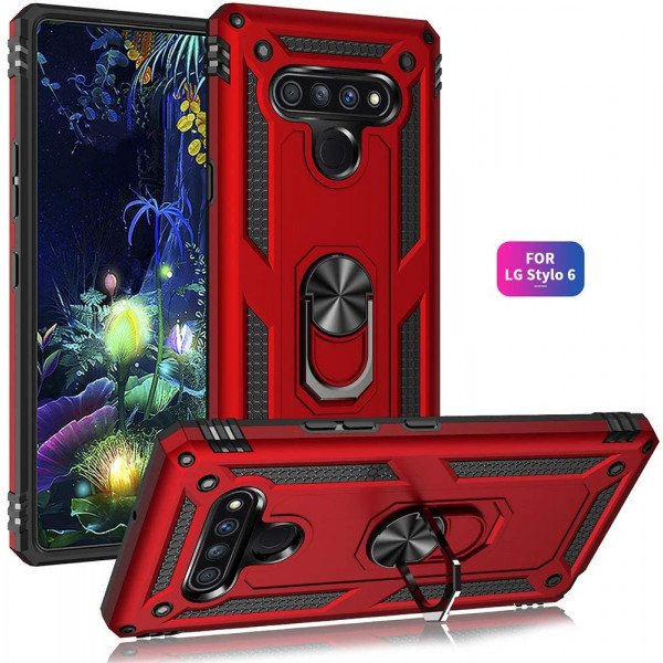 Wholesale LG Stylo 6 Tech Armor Ring Grip Case with Metal Plate (Red)